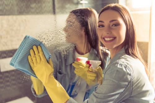 Local upholstery cleaner treating a living room sofa