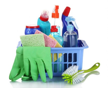 Cleaner using protective equipment during a cleaning task