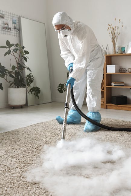 Three professional cleaners from Cleaner Ruislip are performing surface cleaning and deep cleaning in a modern living room. The scene shows a spacious room with a light-colored tiled floor, a large L-